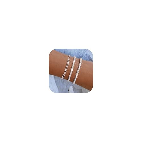 JeweBella Bracelet Femmes Argent 925 Réglable Empilable Fantaisie Étanche 3 Pièces Fermoir Tromboneженщиныbraceletargent — 01:Beads Paperclip