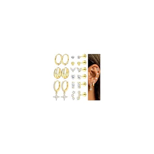 Adramata Boucles d'Oreilles Femme Or Argent Créoles Hypoallergéniques 9 Paires Piercings Tragus et Helix