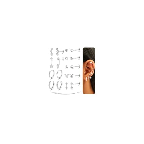 Adramata Boucles d'Oreilles Femme Acier Inoxydable Piercing Oreille Sans Fil Tragus Conch Piercings Nez Labret Fiori Pla — Argent-16G-3CZ