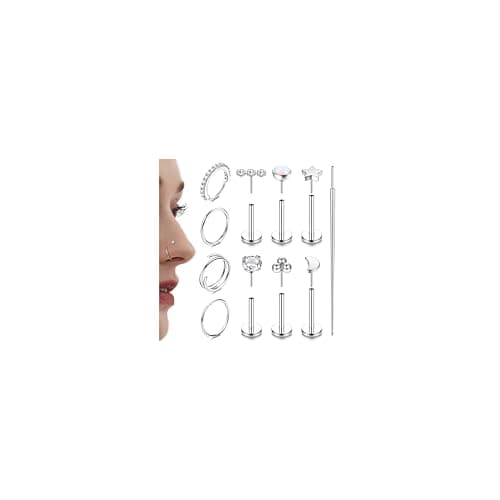 Anneaux de piercing nez en acier chirurgical Medusa Petit anneaux piercing labret oreille conch — Opale-Argent-18G