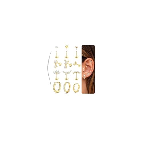 Adramata Piercing Oreille Acier Inoxydable Boucles d'Oreilles Femme Sans Fil Piercing Helix Or Argent Boucles d'Oreilles — Or-16G