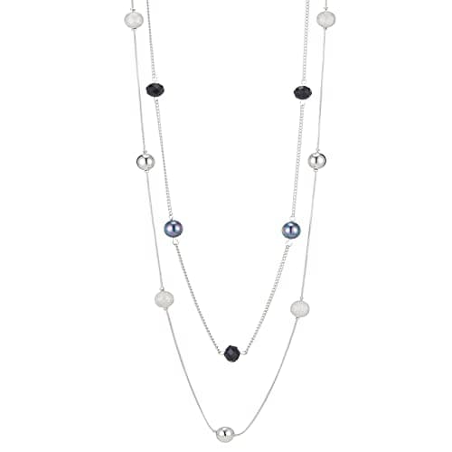 FULU Élégance Collier Long en Argent pour Femme Bijou de Mode à Double Pendentif en Perles de Cristal Cadeau pour Femmes — Noir