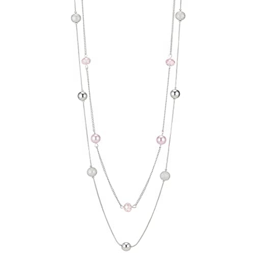 FULU Élégance Collier Long en Argent pour Femme Bijou de Mode à Double Pendentif en Perles de Cristal Cadeau pour Femmes — Rose