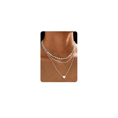 Adramata Collier Femmes Acier Inoxydable Réglable Coeur Pendentif Or Plaqué 14K Bijouxavec Boîte Éco-Conçue - Mode & Lux — Chaîne de disques ronds + chaîne coeur - Argent
