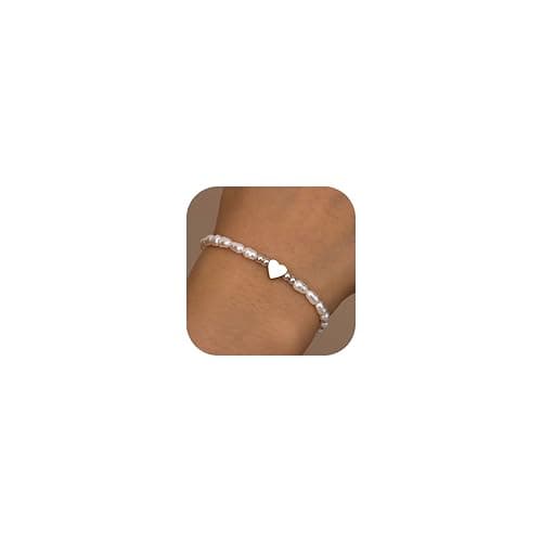 LOLIAS Bijou Bijou Or Argent Femme Coeur Perle Bracelet Acier Inoxydable Femme Ado Fille Cadeau Recherché Recycled — Ton Argent-Coeur