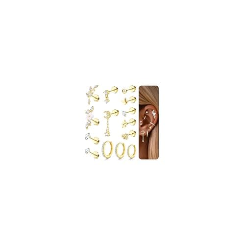 Adramata Acier Inoxydable Piercing Oreille Boucles d'Oreilles Femme - Helix Or Argent Creoles Conch Tragus 12/14Pcs 16G — Lune d'Or