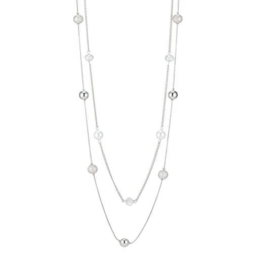 FULU Élégance Collier Long en Argent pour Femme Bijou de Mode à Double Pendentif en Perles de Cristal Cadeau pour Femmes — Blanc