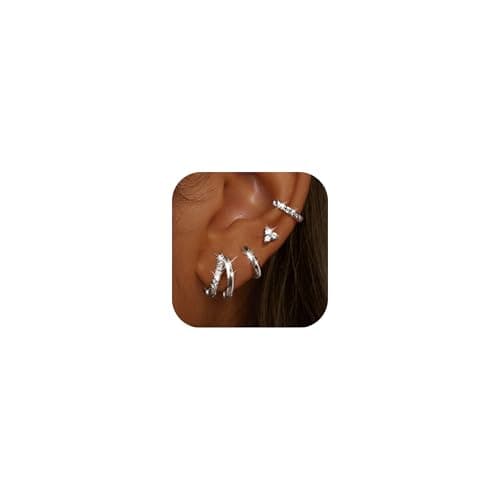 Adramata Boucles d'Oreilles Plaqué Or 14K Argent Femme Piercing Helix Tragus Petites Boucles d'Oreilles Femme Recycled 4 — Créoles Doubles - Argent