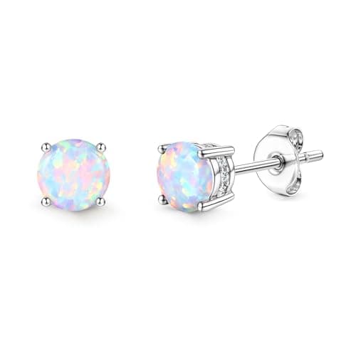 Adramata Boucles d'oreilles en acier inoxydable plaqué or blanc 18 carats avec opale ronde pour femme, Acier inoxydable