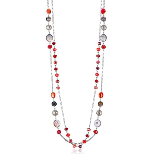 FULU Élégance Collier Long en Argent pour Femme Bijou de Mode à Double Pendentif en Perles de Cristal Cadeau pour Femmes — 09-Rouge