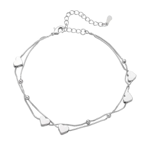 Emibele Bracelet en Forme de Cœur Exquis pour Femmes, Bijoux en Acier Inoxydable Filigrané, Chaîne Gravable avec Fermetu — Argent-cœur 2 Couches