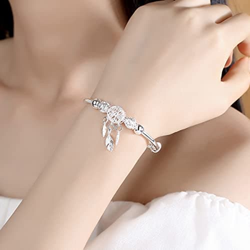 Chereda Magnifique bracelet en argent sterling 925 avec ouverture en forme de feuille et plume pour femme parfait pour l
