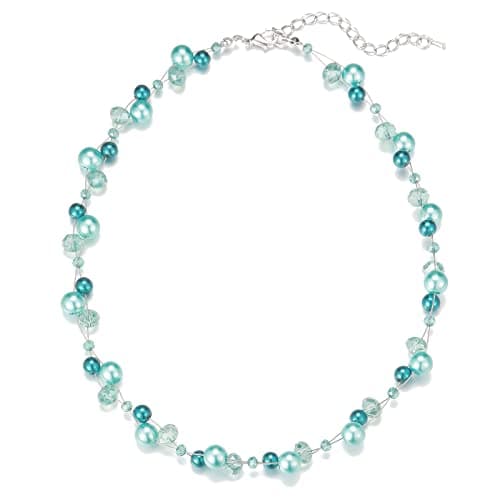 F LU AUTOMNE Collier Perle et Cristal Femme Argent Bijoux Bohème Cadeau Fête Mères — Bleu troué