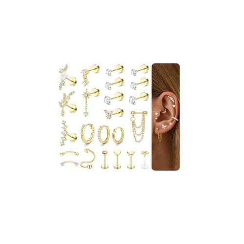 Adramata Acier Inoxydable Piercings Femme Plaquées Or Argent Conch Helix Tragus Daith Cartilage Boucle d'Oreille 23 Pcs — Or