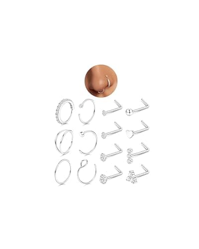 CASSIECA Piercing Nez en Acier Chirurgical pour Femmes et Hommes - Bijoux de Septum Or et Argent, Zircone, 14 Pièces, 20