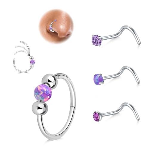 LAURITAMI Opal piercing nez anneau mince 18G, connecteur acier chirurgical 20G piercing nez spirale, set pour piercing n — Anneau piercing nez Connecteur-Pourpre-3pcs