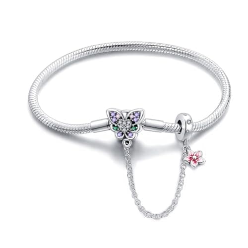 Aurevella Bracelet à Maillons Serpent en Argent Sterling 925 pour Femme avec Fermoir en Forme de Cœur | Cadeau de Noël P — Série de bracelets de printemps - Papillon coloré