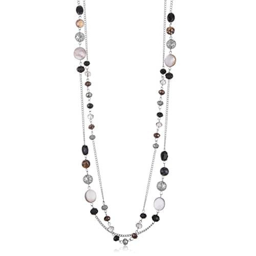 FULU Élégance Collier Long en Argent pour Femme Bijou de Mode à Double Pendentif en Perles de Cristal Cadeau pour Femmes — 09-Noir