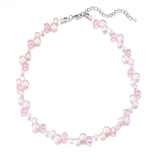 F LU AUTOMNE Collier Perle et Cristal Femme Argent Bijoux Bohème Cadeau Fête Mères — Rose clair
