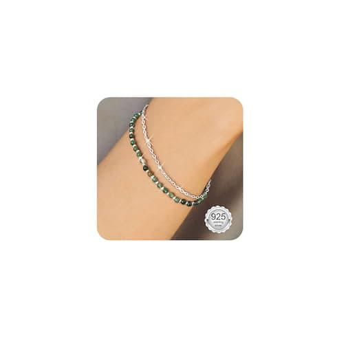 Bracelet Pierre Naturelle Femme Argent 925 Empilable Ajustable Or/Argent Cadeau Femme — Couleur Vert d'Argent