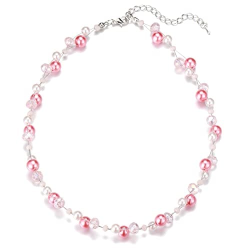 F LU AUTOMNE Collier Perle et Cristal Femme Argent Bijoux Bohème Cadeau Fête Mères — Rose prune