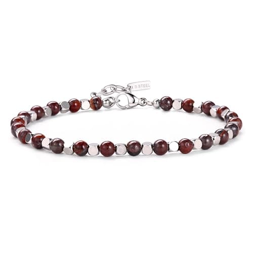 Bracelet Chriscoco Homme Femme Perle Pierre Naturelle Turquoise Oeil de Tigre 4MM Argent Acier Inoxydable Modeㇼ fashiona — Œil de Tigre Rouge
