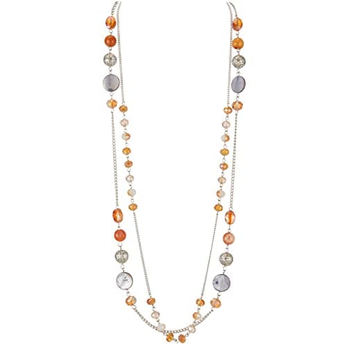 FULU Élégance Collier Long en Argent pour Femme Bijou de Mode à Double Pendentif en Perles de Cristal Cadeau pour Femmes — 09-Orange