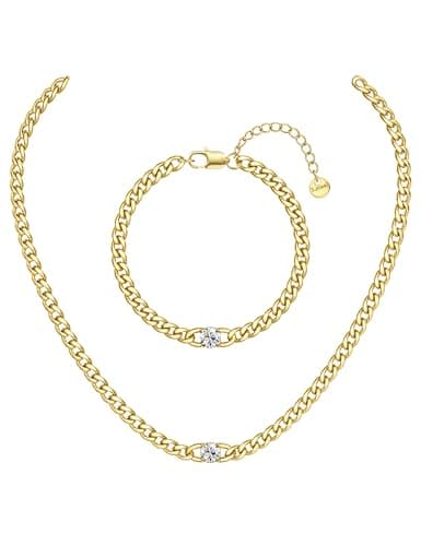 Colliers et Bracelets Cubain Adramata Chaîne Inoxydable Or 14K Femme Homme - Set Bijoux Zirconia |5MM - Collier Longueur