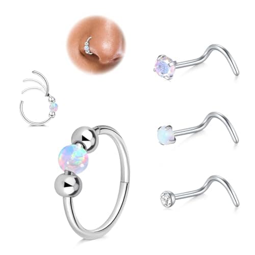 LAURITAMI Opal piercing nez anneau mince 18G, connecteur acier chirurgical 20G piercing nez spirale, set pour piercing n — Anneau piercing nez(10mm) Blanc-Connecteur-3pcs