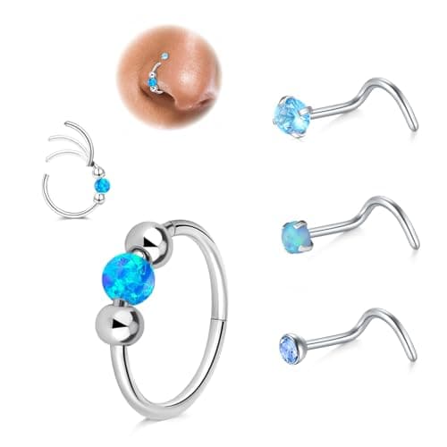 LAURITAMI Opal piercing nez anneau mince 18G, connecteur acier chirurgical 20G piercing nez spirale, set pour piercing n — Anneau piercing nez Connecteur-Bleu-3pcs