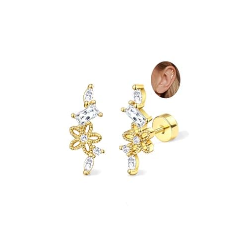 Adramata Acier Inoxydable Piercing Femmes Conch Tragus Helix 16G Argent Hypoallergénique Recycled Standard 100 — Or-CZ Fleur