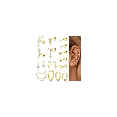 Adramata Piercing Oreille Acier Inoxydable Boucles d'Oreilles Femme Or Argent Creoles Petits Piercings avec Breloques St — Or