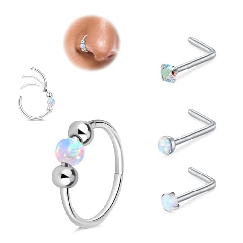 LAURITAMI Opal piercing nez anneau mince 18G, connecteur acier chirurgical 20G piercing nez spirale, set pour piercing n — Anneau piercing nez en forme de L-blanc-3pcs