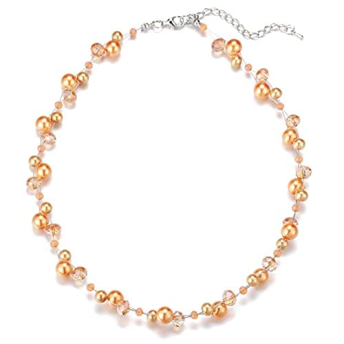 F LU AUTOMNE Collier Perle et Cristal Femme Argent Bijoux Bohème Cadeau Fête Mères — Orange