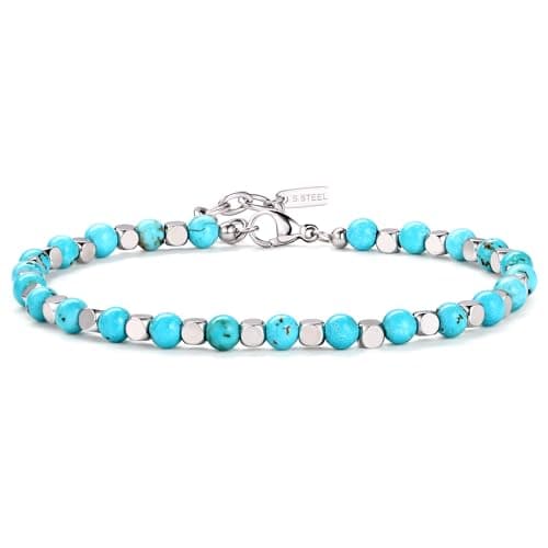 Bracelet Chriscoco Homme Femme Perle Pierre Naturelle Turquoise Oeil de Tigre 4MM Argent Acier Inoxydable Modeㇼ fashiona — Turquoise