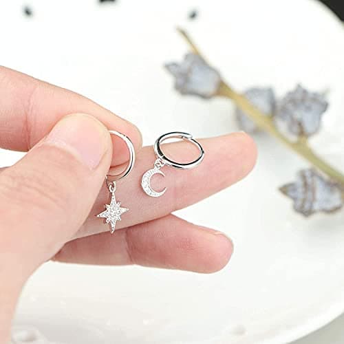Adramata Boucles D'Oreilles Femme Argent 925 Hypoallergéniques Étoile Lune Boucles D'Oreilles Cartilage Huggie Piercing