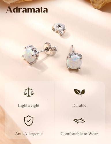 Adramata Boucles d'oreilles en acier inoxydable plaqué or blanc 18 carats avec opale ronde pour femme, Acier inoxydable