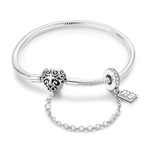 Aurevella Bracelet à Maillons Serpent en Argent Sterling 925 pour Femme avec Fermoir en Forme de Cœur | Cadeau de Noël P — Bracelet en os de serpent de la Bible de la Croix