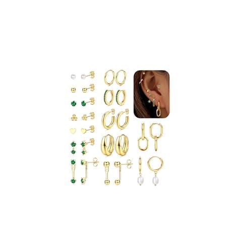 Adramata 14 Pairs Boucles d'Oreilles Femme Plaquées Or 14K Hypoallergénique Boucles d'Oreilles Pendantes Helix Tragus Pi — Or 14K + zircon vert