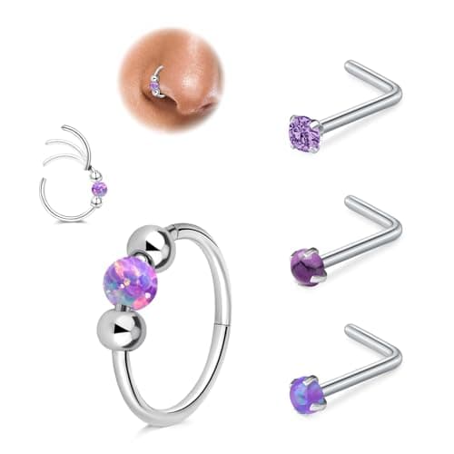 LAURITAMI Opal piercing nez anneau mince 18G, connecteur acier chirurgical 20G piercing nez spirale, set pour piercing n — Anneau piercing nez en forme de L -Pourpre-3pcs