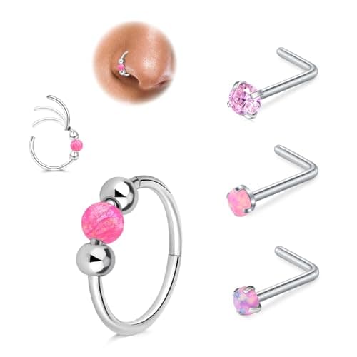 LAURITAMI Opal piercing nez anneau mince 18G, connecteur acier chirurgical 20G piercing nez spirale, set pour piercing n — Anneau piercing nez en forme de L-prise-rose-3pcs