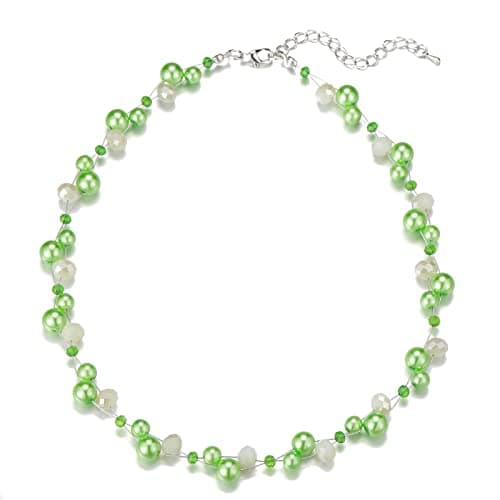 F LU AUTOMNE Collier Perle et Cristal Femme Argent Bijoux Bohème Cadeau Fête Mères — Fruit vert