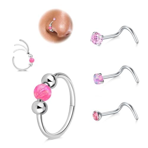 LAURITAMI Opal piercing nez anneau mince 18G, connecteur acier chirurgical 20G piercing nez spirale, set pour piercing n — Anneau piercing nez Fiche-Rose-3pcs