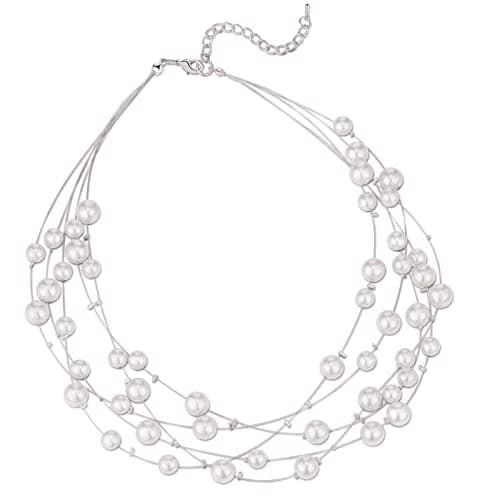 F LU AUTOMNE Collier Perle et Cristal Femme Argent Bijoux Bohème Cadeau Fête Mères — 55-Grey