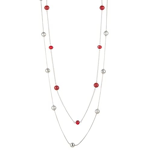 FULU Élégance Collier Long en Argent pour Femme Bijou de Mode à Double Pendentif en Perles de Cristal Cadeau pour Femmes — Rouge