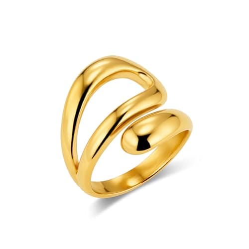 AlexCraft Bague Femme Or/Hypoallergéniques Épais Ajustable 14K Plaqué, Bague Empilables Goutte d'Eau Chunky pour Femme — D-or