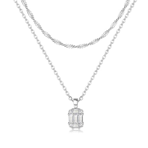 Chaîne Dochais en or 14 carats pour femme - Étanche - Pendentif carré - Solitaire - Mini CZ - Argenté/doré — SV