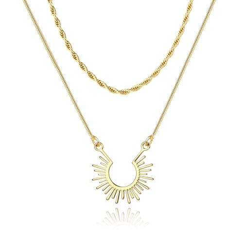 Collier Or Femme Plaqué 14K Pendentif Soleil Résistant à l'Eau Cadeau Femmes Filles