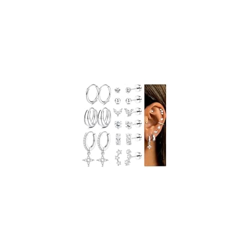 Adramata Boucles d'Oreilles Femme Or Argent Créoles Hypoallergéniques 9 Paires Piercings Tragus et Helix — Argent