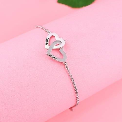 Bracelet Personnalisé Argent Gravé Nom Simulé Pierre de Naissance Chaîne Ajustable Cadeau Mère Anniversaire Fête des Mèr